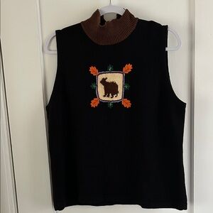 Storybook knit, sleeveless sweater, Leaf and Animal Design